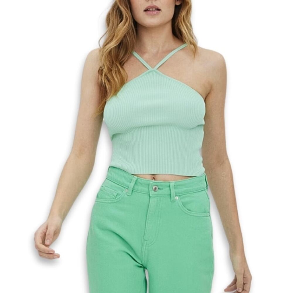 Vero Moda Top Helena Ribbed Texture Cropped Halter Neckline Mint Green W XS NWT
